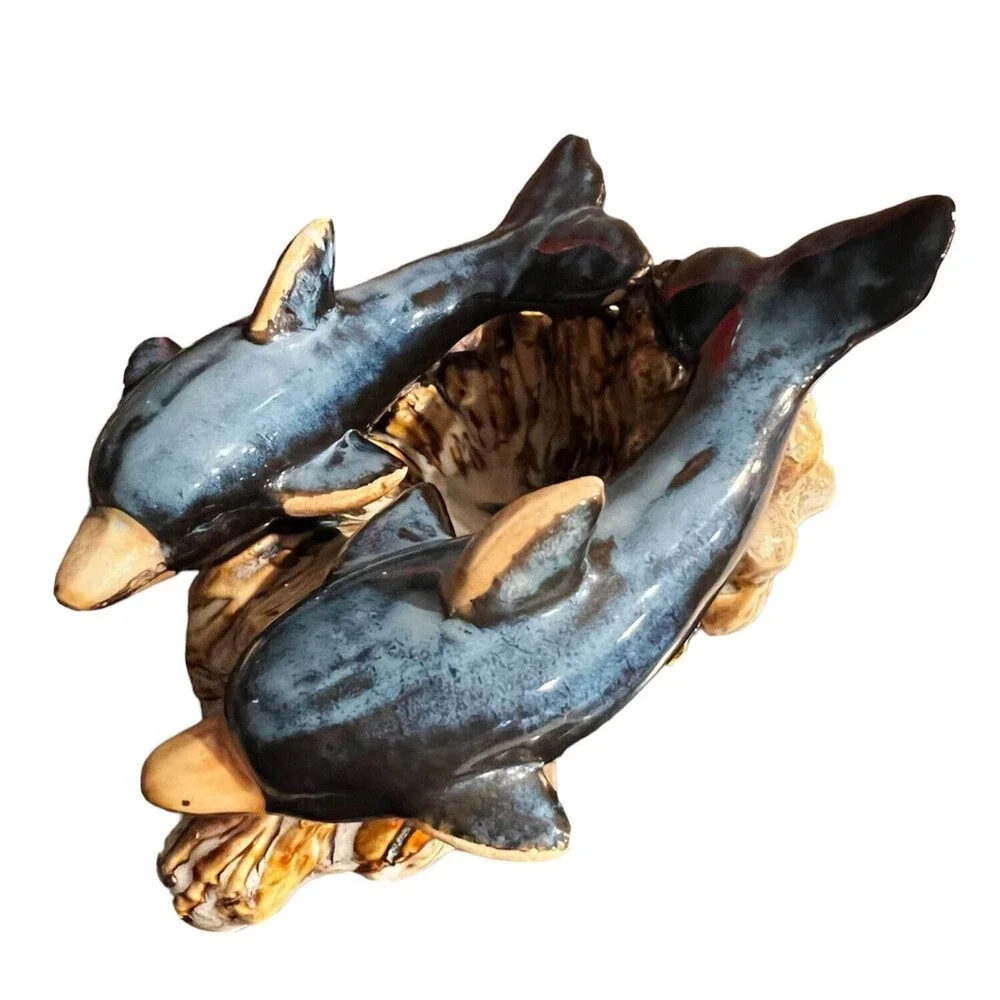Dolphin On A Wave Ceramic Drip Glaze Vintage Ocean sea life Nautical Pottery Art